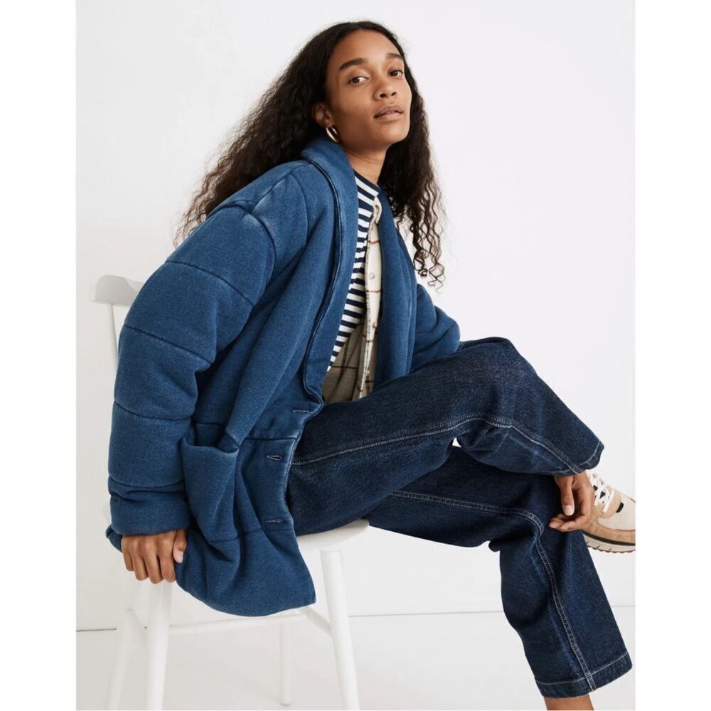 Madewell Indigo Terry Sweatshirt Puffer Coat Large Casual Cozy Comfort Oversized